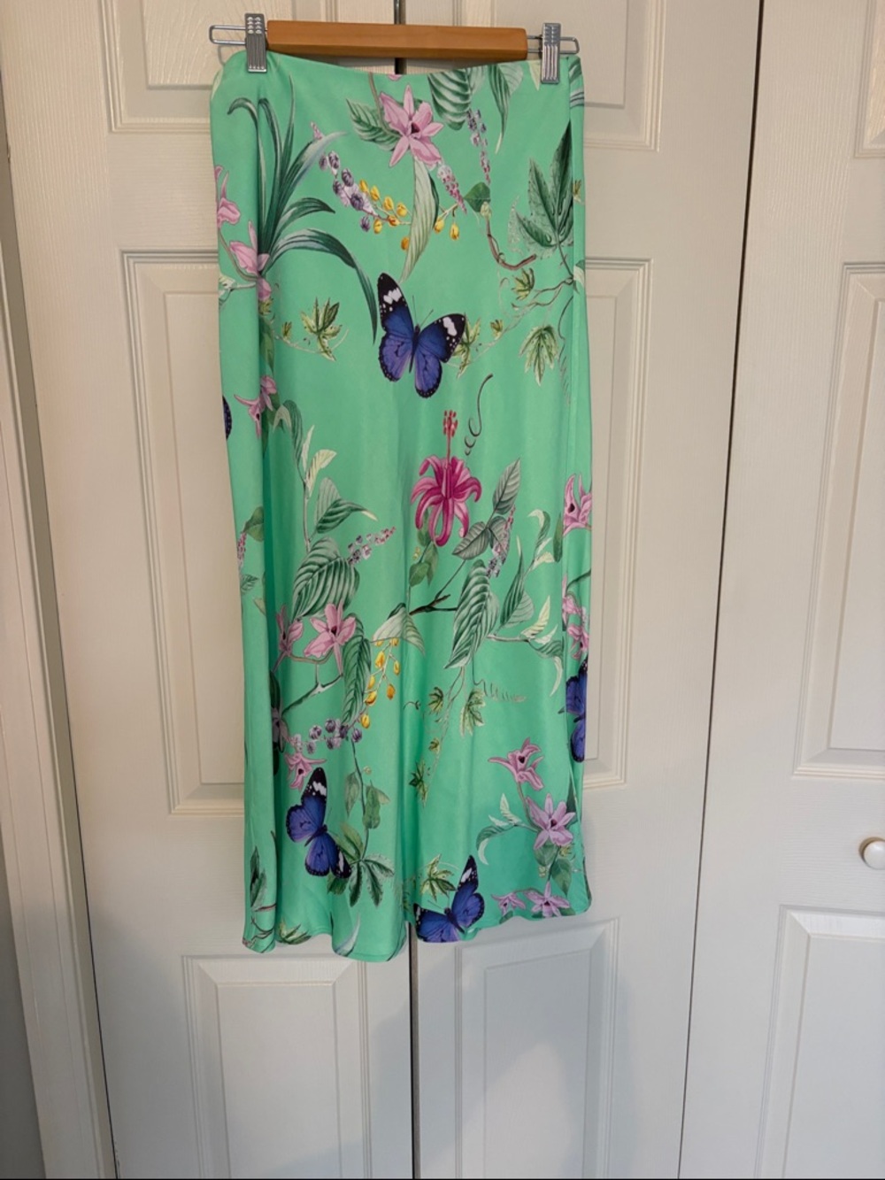 Anthropologie Tilda Mint Green Floral & Butterfly Satin Midi Skirt